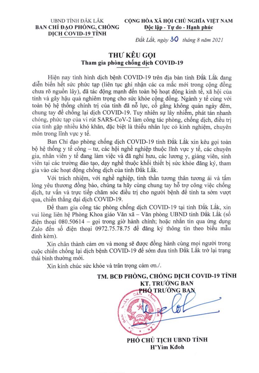 Thư kêu gọi tham gia phòng, chống dịch Covid - 19